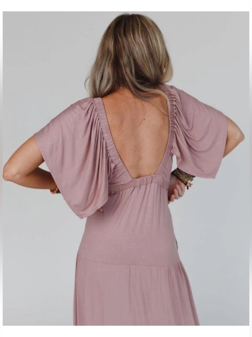 New: Three Bird Nest Mauve “On Repeat” Ruffle Neckline Tiered Maxi Dress• Smal - Picture 3 of 7